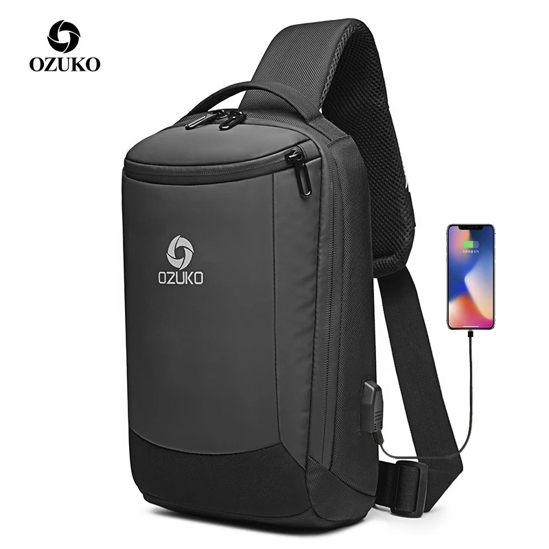 

OZUKO New Men's USB Charging Chest Bag Water Repellent Crossbody Bag Male Large Capacity Shoulder Bag Short Trip Messengers Bags