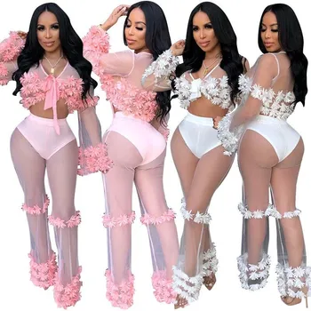 Women Floral Appliques Mesh Transparent Two Piece Set Sexy V-Neck Crop Top Wide Leg Pants Suit Outfits Tracksuit
Women Floral Appliques Mesh Transparent Two Piece Set Sexy V-Neck Crop Top Wide Leg Pants Suit Outfits Tracksuit