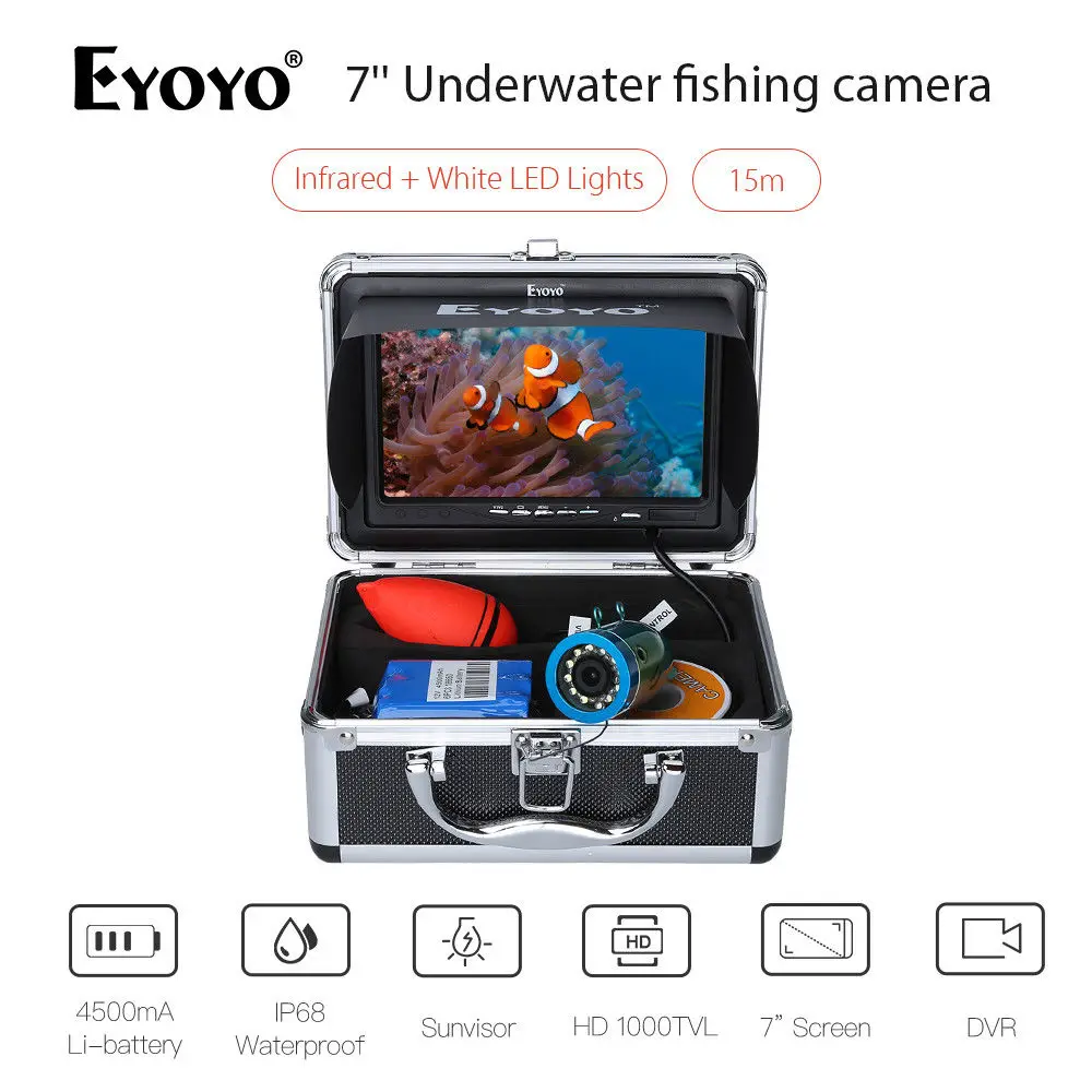 Eyoyo 7"15M DVR LCD TFT Monitor Fish Finder Detector IR+White LED Lights Underwater IP68 Fishing Camera Night Vision 8GB Card
Eyoyo 7"15M DVR LCD TFT Monitor Fish Finder Detector IR+White LED Lights Underwater IP68 Fishing Camera Night Vision 8GB Card
