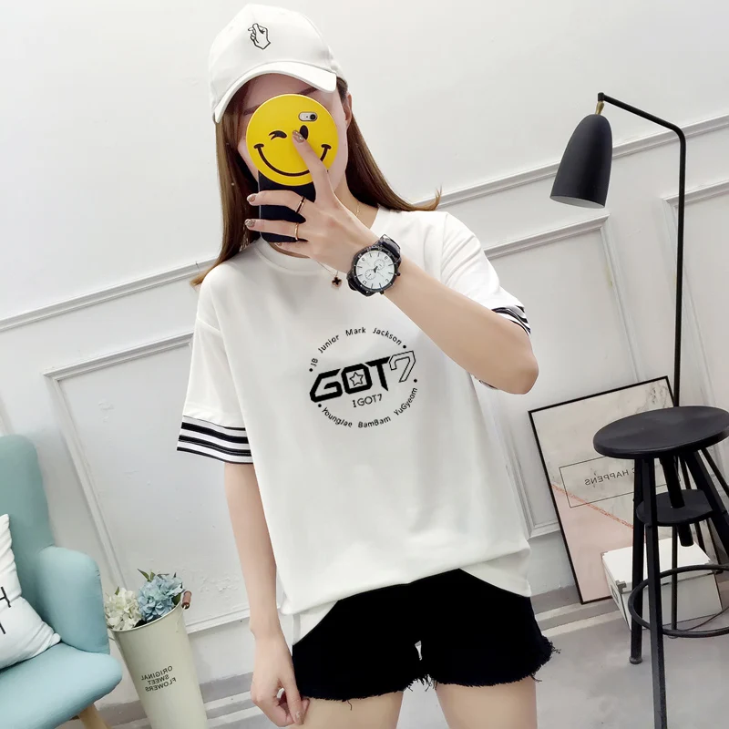 Korean GOT7 Letter Printing T-shirt Female Top Harajuku Fashion Cuff Patching Short-sleeved Shirt Sweet O-Neck Pullover Girl Tee
Korean GOT7 Letter Printing T-shirt Female Top Harajuku Fashion Cuff Patching Short-sleeved Shirt Sweet O-Neck Pullover Girl Tee