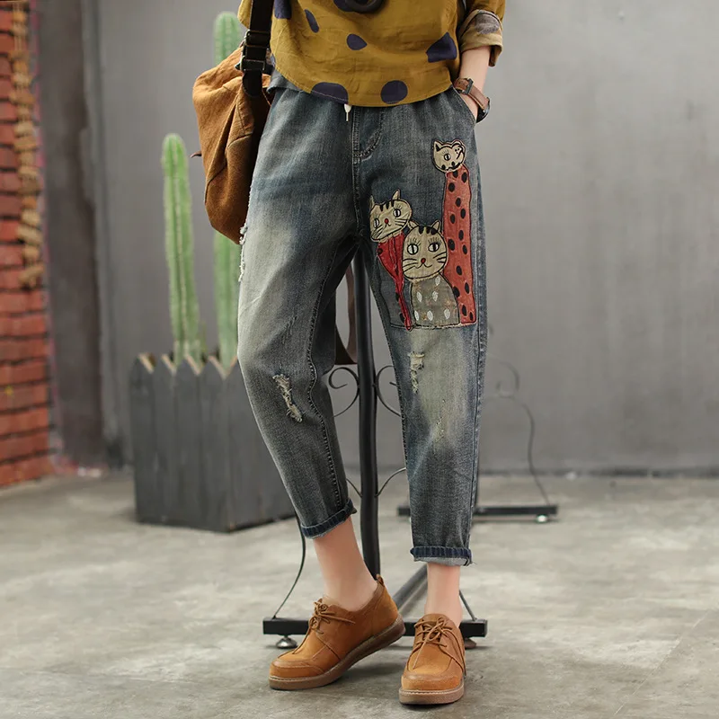 Spring Autum Jeans Retro Women Slim-type Slim-type New Elastic Waist pocket Bleached kitten Pattern Female Casual Denim Trousers
Spring Autum Jeans Retro Women Slim-type Slim-type New Elastic Waist pocket Bleached kitten Pattern Female Casual Denim Trousers