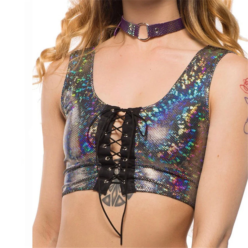 Women Colorful Holographic Crop Top Rave Festival Clothes Outfits Punk Laser Hologram Foil Fabric Lace Up Women Tank Tops
Women Colorful Holographic Crop Top Rave Festival Clothes Outfits Punk Laser Hologram Foil Fabric Lace Up Women Tank Tops