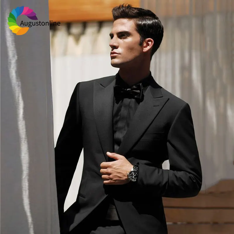 

Custom Made Black Wedding Suit Men Peaked Lapel Regular Fit Groom Tuxedo Male Blazers 2Piece Groomsmen Jacket Pants