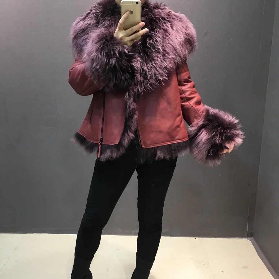 female fashion real sheep leather jacket with fur (1)