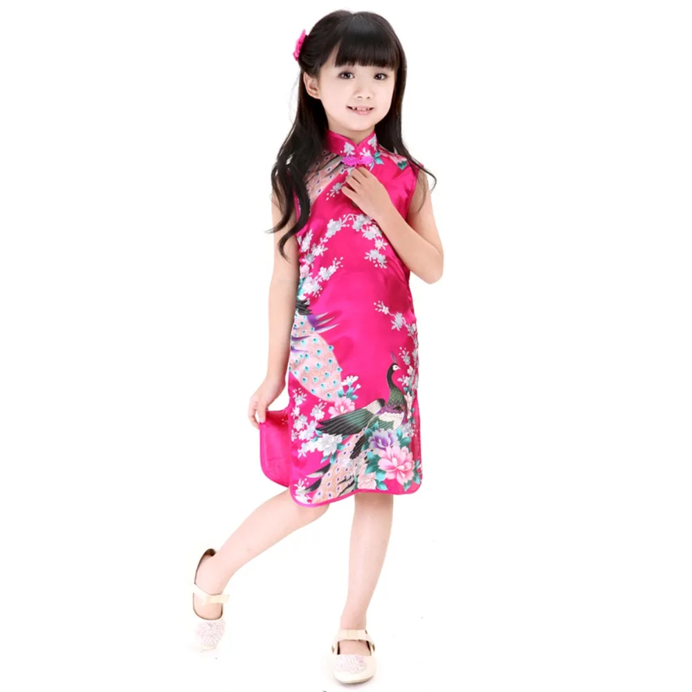 2Y-8Y Baby Girl Dress Peacock Sleeveless Slim Traditional Dress Cheongsam Girls Clothes Chinese Style Qipao baby chinese dress 2Y-8Y Baby Girl Dress Peacock Sleeveless Slim Traditional Dress Cheongsam Girls Clothes Chinese Style Qipao baby chinese dress