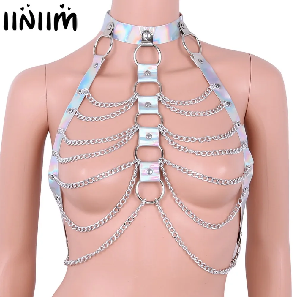 

Womens Halter Caged Bra Harness Party Roleplay Chain Bondage Belt Festival Rave Costume Sexy Night Clubwear Pastel Belt Top