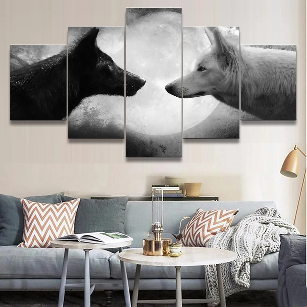 Modular Pictures Home Decor Vintage Canvas Painting 5 Pieces Black Moon White Wolf Picture Animal Poster For Living Room Frames
Modular Pictures Home Decor Vintage Canvas Painting 5 Pieces Black Moon White Wolf Picture Animal Poster For Living Room Frames
