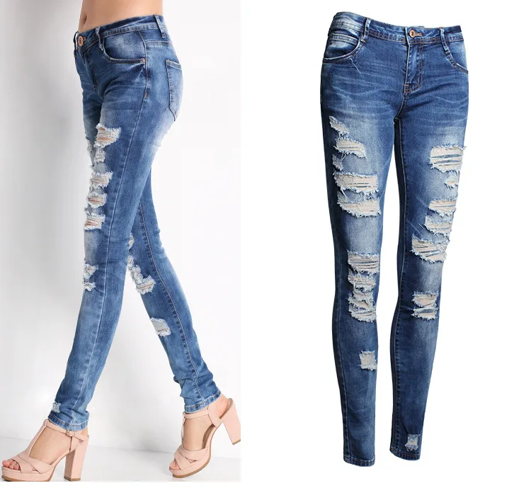 New 2016 Hot Fashion Ladies Cotton Denim Pants Blue Low Rise Skinny Distressed Washed Stretch Denim Jeans For Women Ripped Pants 13