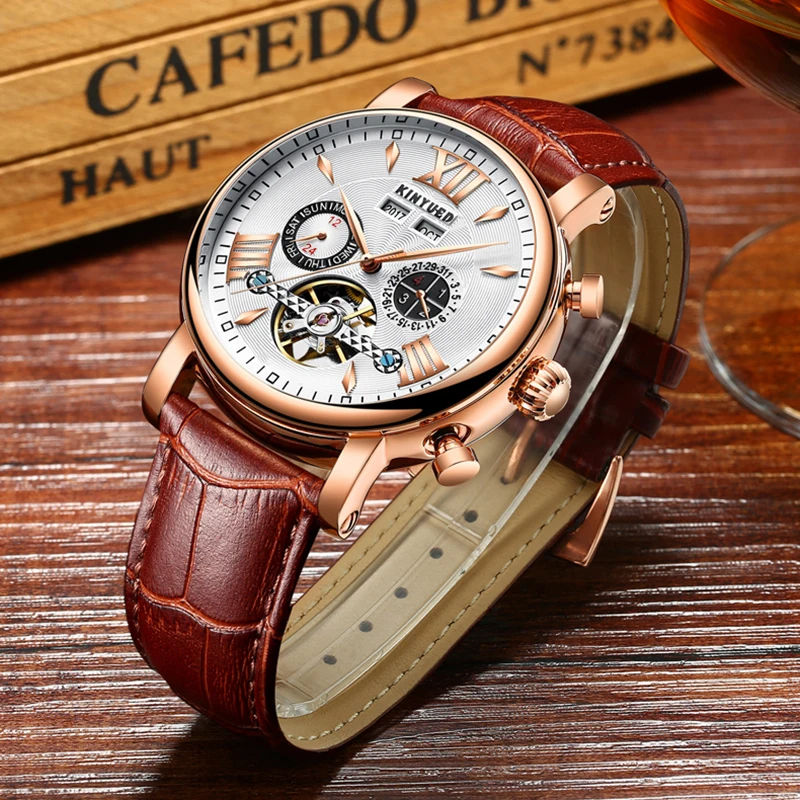 

KINYUED Luxury Brand Mechanical Skeleton Watch Men Business Perpetual Calendar Automatic Watches Mens Montre Homme Dropshipping