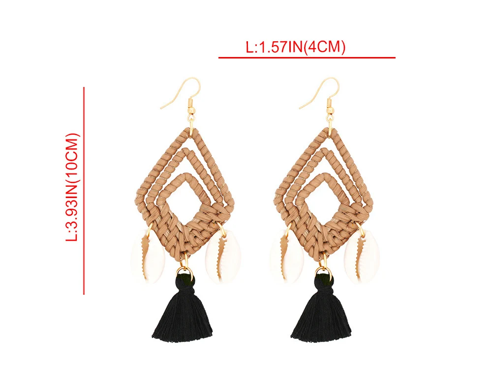 Latest Design Womens Rattan Tassel Wicker Woven Sea Shell Conch Hooks Earrings Jewelry 2019