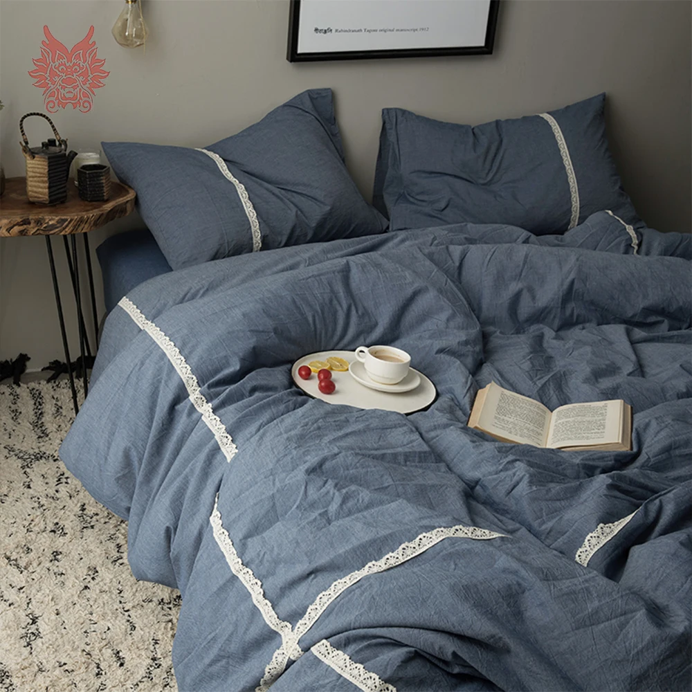 Japanischen stil khaki denim blau weiß mit spitze bettwäsche sets gewaschen baumwolle bettbezug set spannbettlaken