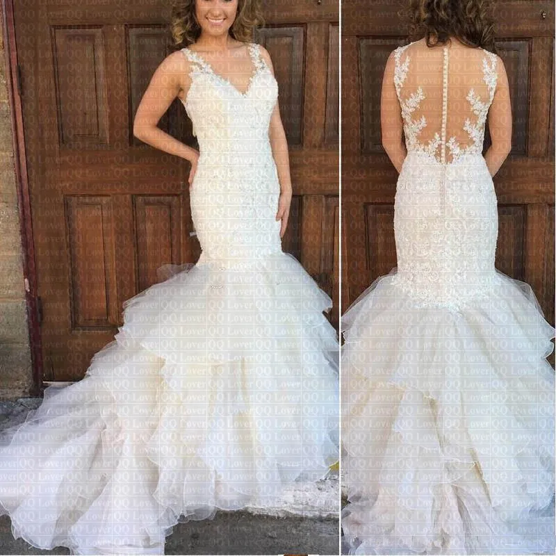 Gorgeous Mermaid Ruffles Wedding Dress 2019 V Neck Sheer Straps Appliques Lace Robe De Mariee
Gorgeous Mermaid Ruffles Wedding Dress 2019 V Neck Sheer Straps Appliques Lace Robe De Mariee