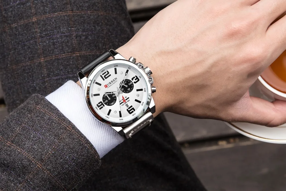 Модные Классические черно белые часы с хронографом для мужчин CURREN 2018 мужские