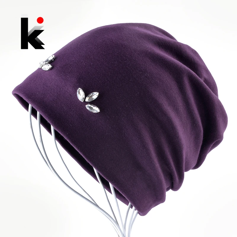 

Fashion Skullies Beanies Women Solid Color Hats For Ladies Rhinestone Clover Bonnet Spring Autumn Casual Cap Female Touca Gorras