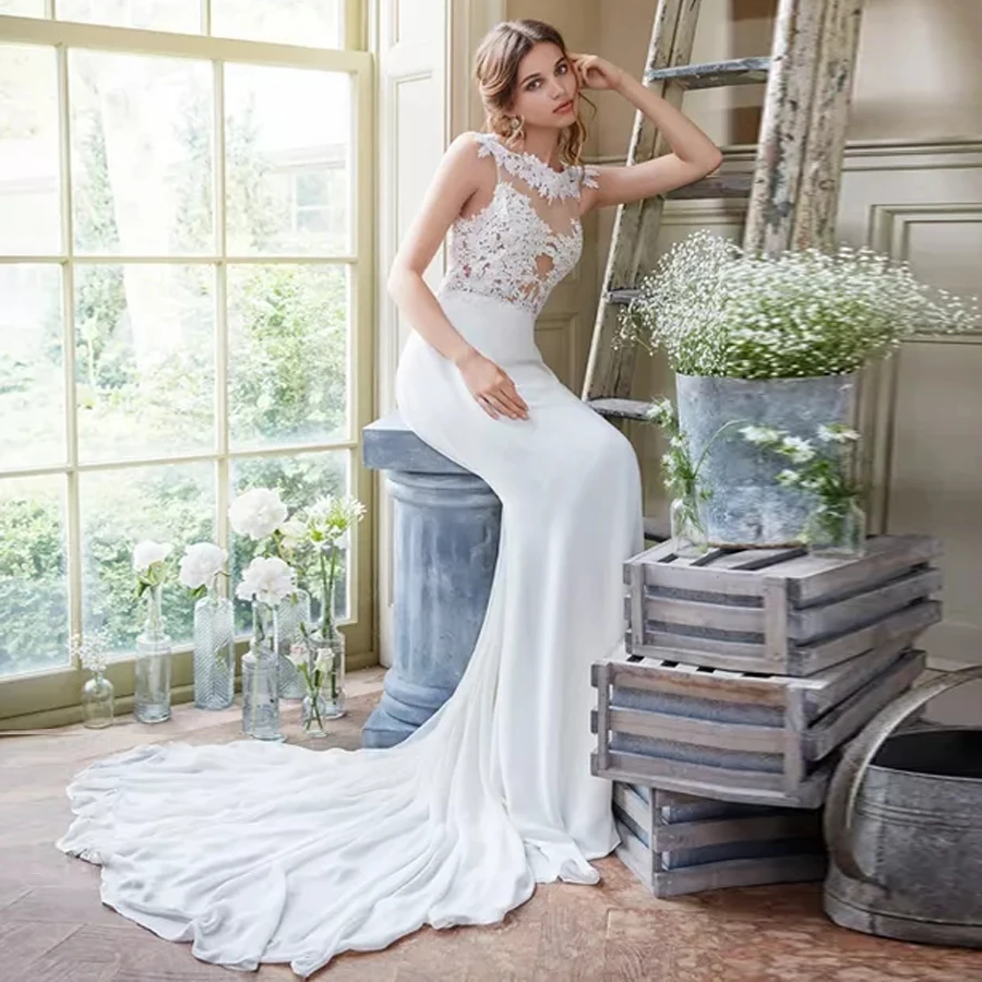 Bateau Neckline Sheer Appliqued Bodice Low Scooped Back Wedding Dress A-Line Ivory Chiffon Bridal Dress robe de mariee
Bateau Neckline Sheer Appliqued Bodice Low Scooped Back Wedding Dress A-Line Ivory Chiffon Bridal Dress robe de mariee