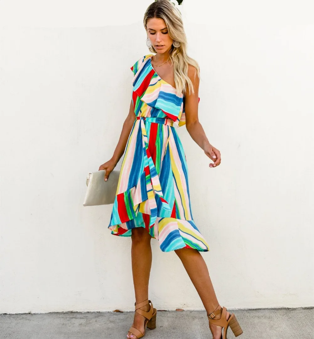 New women summer dress 2019 robe femme sexy one shoulder Asymmetrical Digital printed color striped casual beach dress
New women summer dress 2019 robe femme sexy one shoulder Asymmetrical Digital printed color striped casual beach dress
