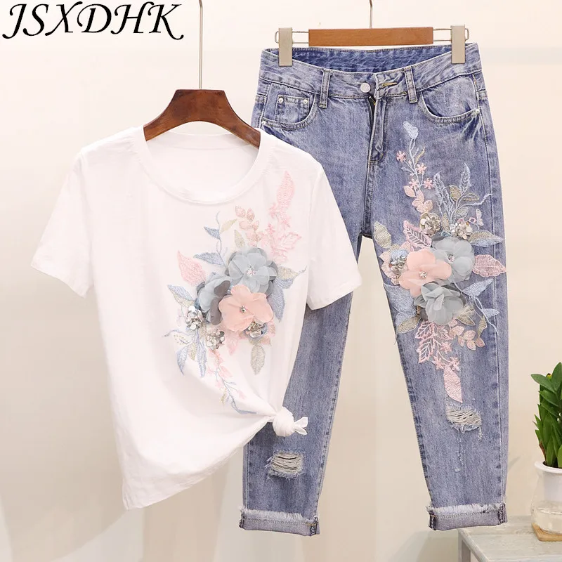M-3XL High Quality Women 3D Floral Cotton Embroidery Sequined T-shirts Jeans Sets + Holes Denim Tassel Ankle-Length Pants Suits
M-3XL High Quality Women 3D Floral Cotton Embroidery Sequined T-shirts Jeans Sets + Holes Denim Tassel Ankle-Length Pants Suits