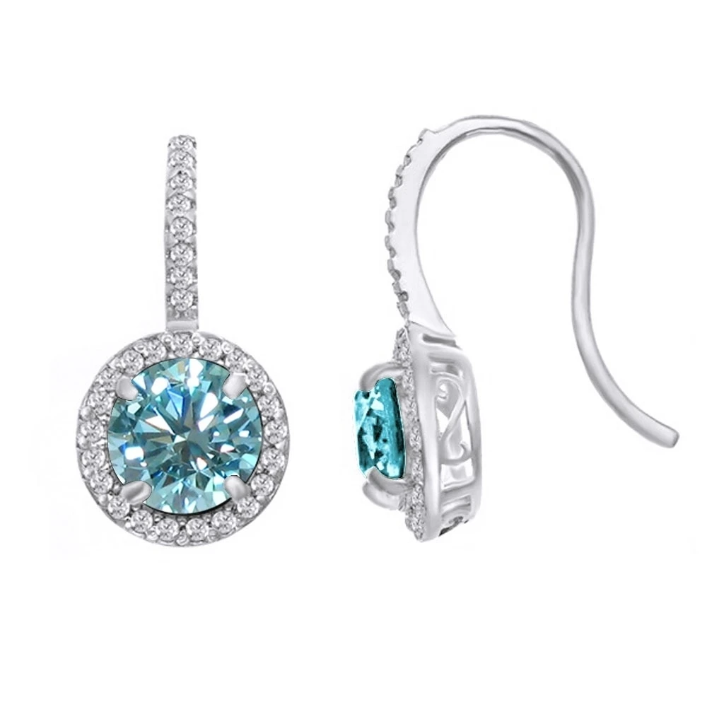 2 CT ROUND BLUE MOISSANITE 10K WHITE GOLD HOOK DANGLE EARRINGS