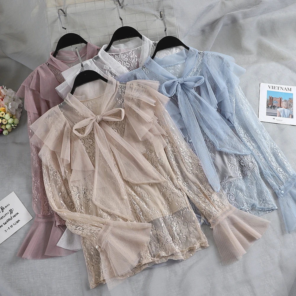 Women Flare Sleeve Embroidery Lace Flower Basic Ruffles Bow Shirt Elegant Bandage Mesh Gauze Pullover Blouse Voile Suits Tops
Women Flare Sleeve Embroidery Lace Flower Basic Ruffles Bow Shirt Elegant Bandage Mesh Gauze Pullover Blouse Voile Suits Tops