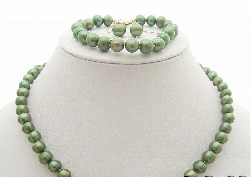 shippingN0905069 8.5MM Green Pearl Necklace&Bracelet&Earring Set (A0516)