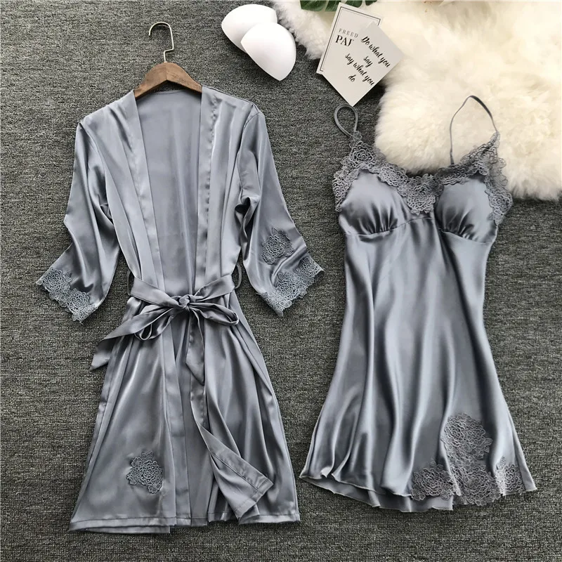 Satin Silk Robe Set Home Dress Nightwear Nighty 2019 Summer Sleeping Dress Sexy Lace Sleepwear Night Dress Robes Women with Ches
Satin Silk Robe Set Home Dress Nightwear Nighty 2019 Summer Sleeping Dress Sexy Lace Sleepwear Night Dress Robes Women with Ches