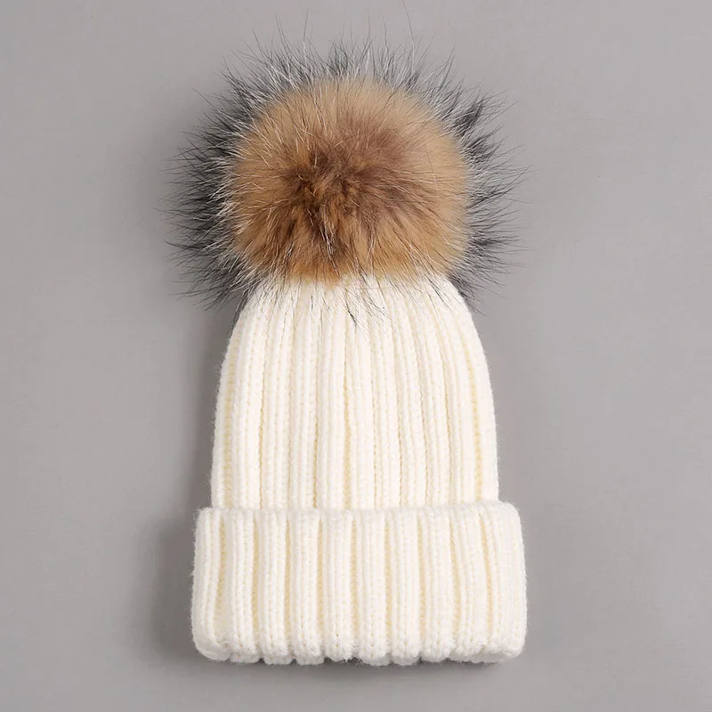 kid hat with fur pompom white 1