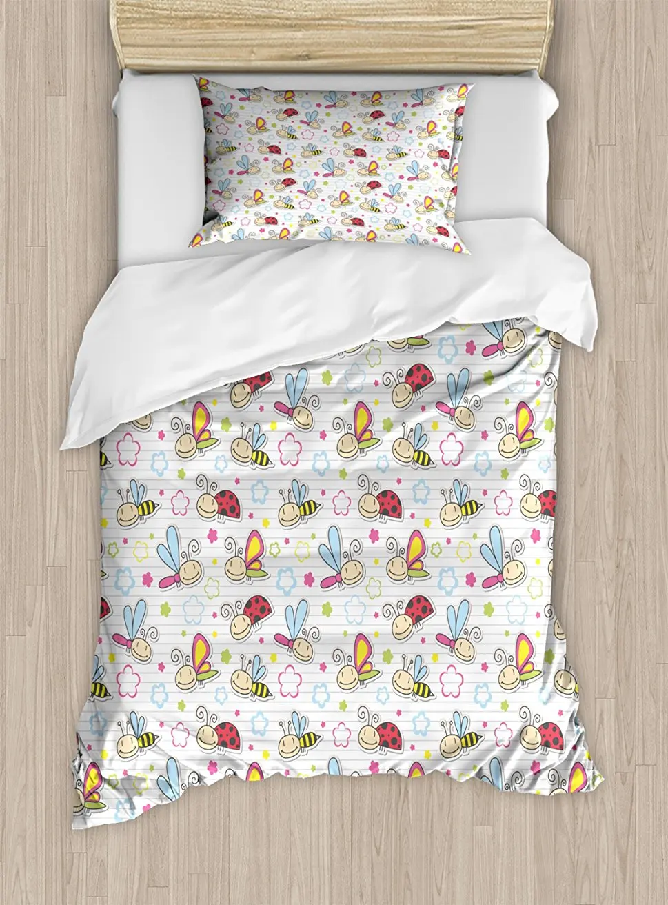 Nursery Duvet Cover Set Adorable Bugs with Colorful Flowers Ladybugs Dragonflies Bees Animal Fun, Decorative 4 Piece Bedding Set
Nursery Duvet Cover Set Adorable Bugs with Colorful Flowers Ladybugs Dragonflies Bees Animal Fun, Decorative 4 Piece Bedding Set