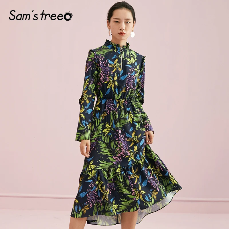 Samstree Autumn Women Dress Floral Print Stand Collar Female Dress Elastic Waist A-line Young Lady Vestidos
Samstree Autumn Women Dress Floral Print Stand Collar Female Dress Elastic Waist A-line Young Lady Vestidos