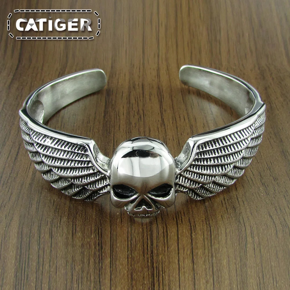 

Free Shipping Punk Eagle Wings Skull Biker Bangle Classic Wing Motor Biker Men's Feather 316L Stainless Steel Bangle Bracelet