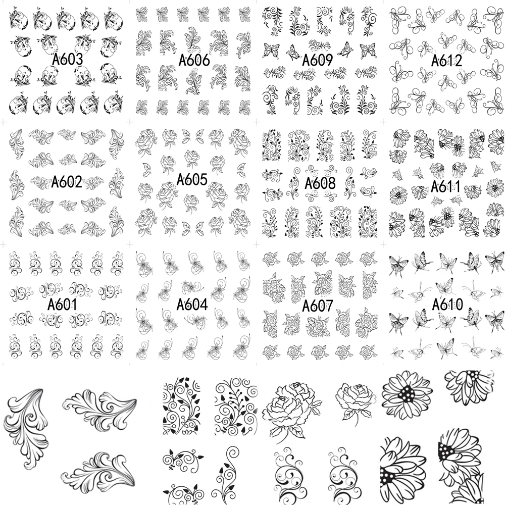 12 Designs Black Lace Flower Sticker Nail Art Decals Manicure Water Transfer Nail Art Tips Women Makeup Toos Foil Set A601-612
12 Designs Black Lace Flower Sticker Nail Art Decals Manicure Water Transfer Nail Art Tips Women Makeup Toos Foil Set A601-612