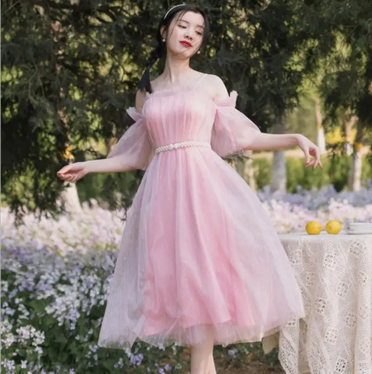 Pink Spaghetti Strap Mesh Dress Summer Lady Midi Dress with Pearl Waistband
Pink Spaghetti Strap Mesh Dress Summer Lady Midi Dress with Pearl Waistband