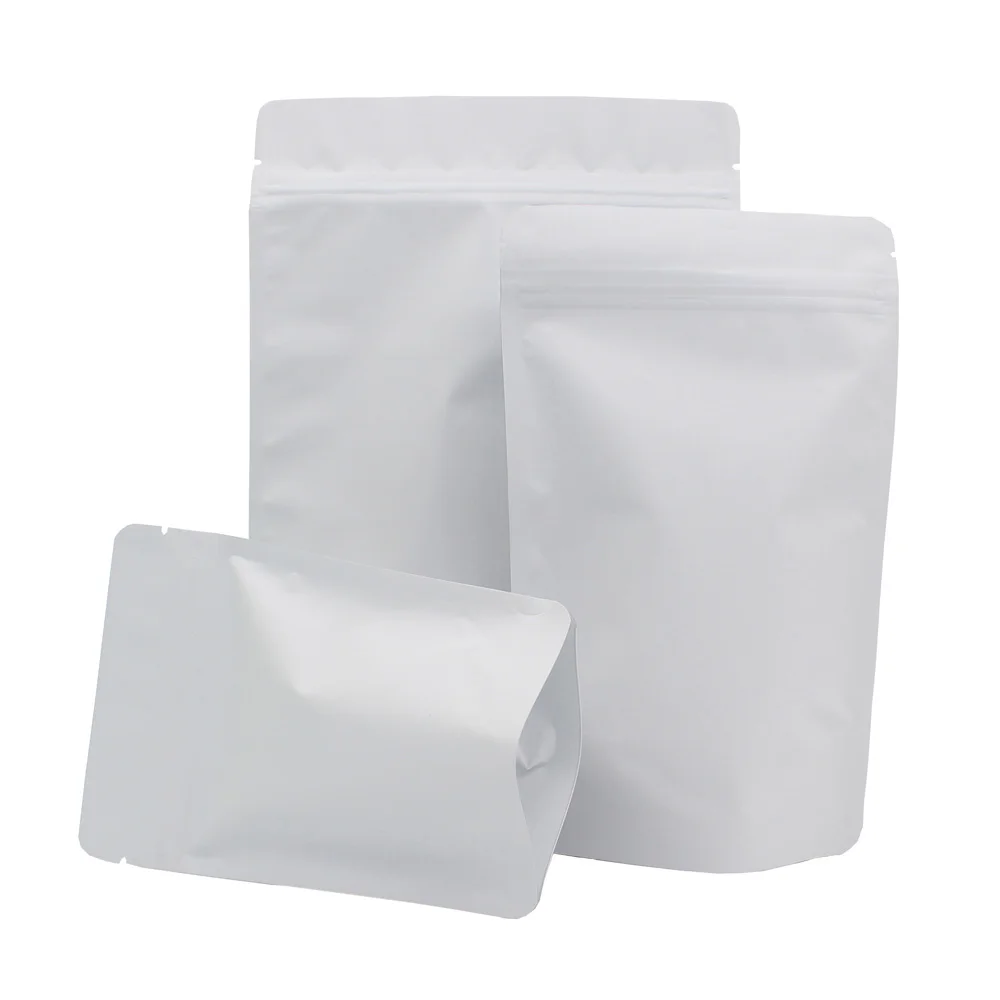 

Various Sizes Reclosable Food Tea Coffee Packaging Bags Pouches Smell Proof Aluminum Foil Stand Up White Mylar ZipLock Bag 50pcs