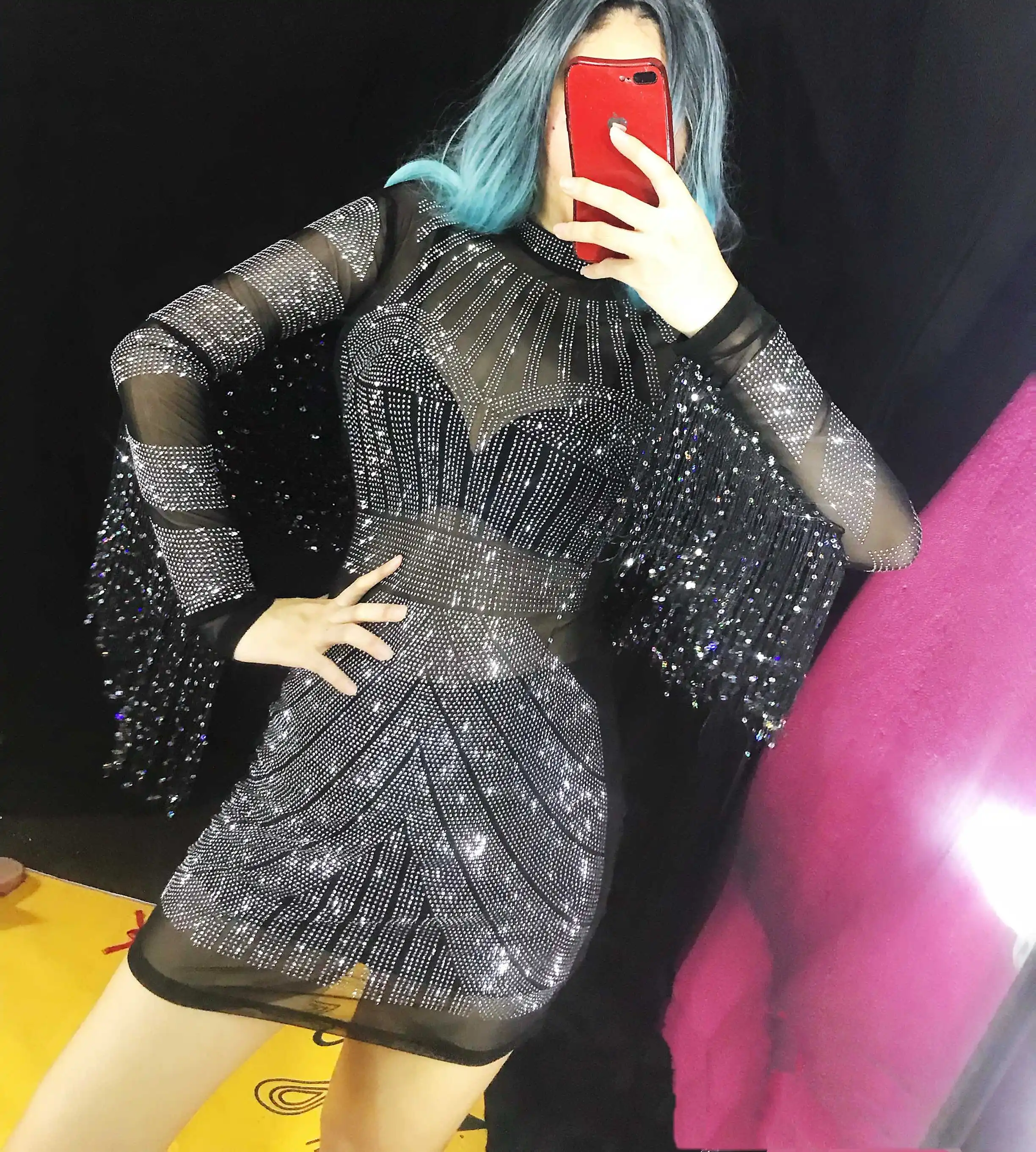 Women Black Mesh See-through Rhinestones Short Dress Sexy Bar Party DJ Singer Performance Stage Wear Nightclub Dress Costume
Women Black Mesh See-through Rhinestones Short Dress Sexy Bar Party DJ Singer Performance Stage Wear Nightclub Dress Costume