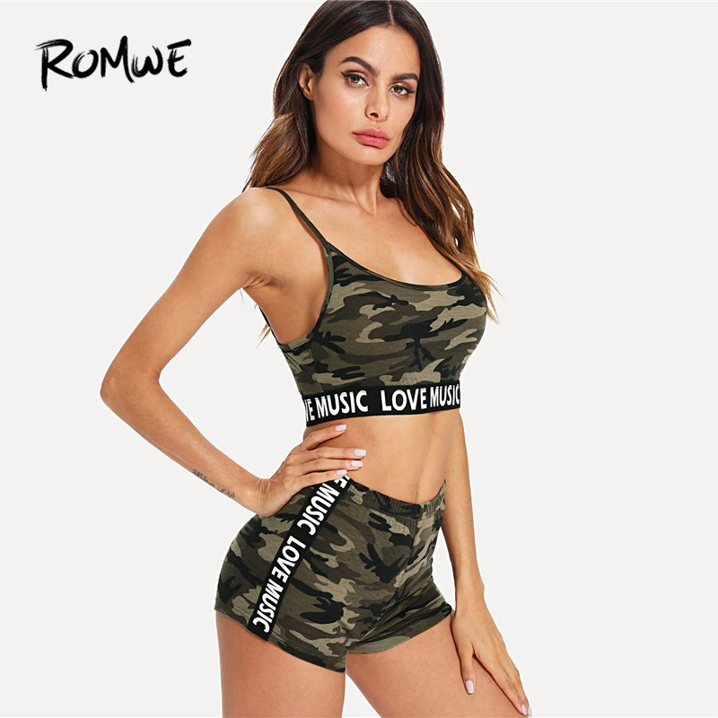 ROMWE Contrast Letter Tape Camo Crop Utility Cami Top Shorts Set 2019 Women Summer Set Womens Sleeveless Two Piece sets 
ROMWE Contrast Letter Tape Camo Crop Utility Cami Top Shorts Set 2019 Women Summer Set Womens Sleeveless Two Piece sets