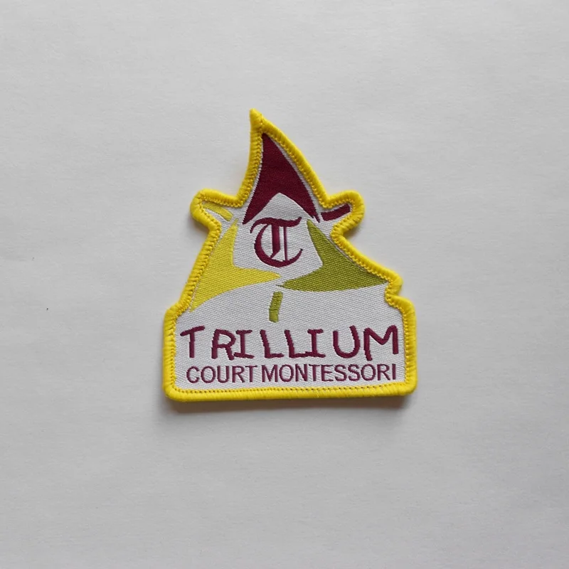 

Customized irregular shape stitched border garment iron on woven label/patch/hot melt glue badge with brand logo (1000pcs/pack)