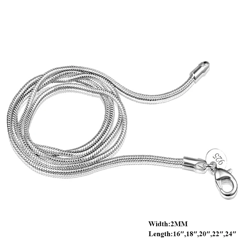 925 Sliver Necklace Fashion Jewelry Wholesale Silver 2mm Snake Chain 16" 18" 20" 22" 24" 5pcs/lot | Украшения и