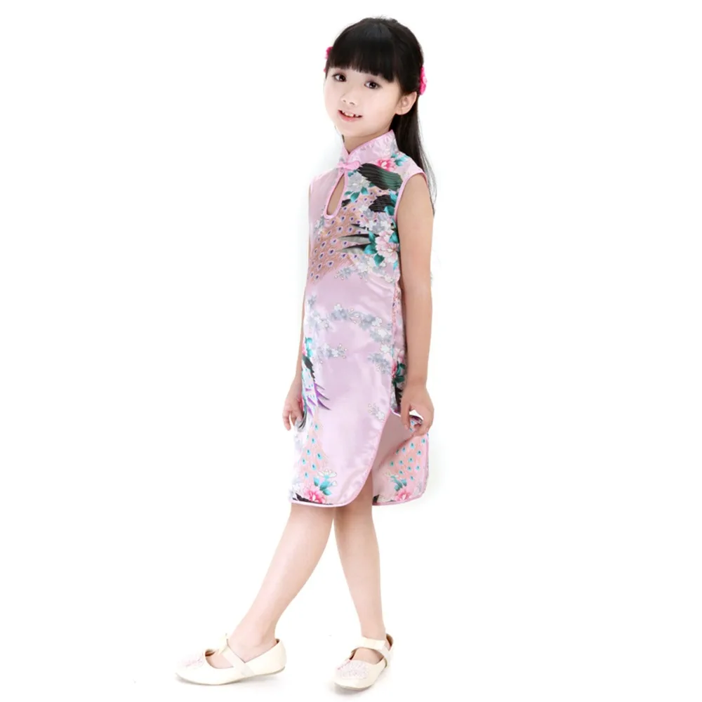 2Y-8Y Baby Girl Dress Peacock Sleeveless Slim Traditional Dress Cheongsam Girls Clothes Chinese Style Qipao baby chinese dress 2Y-8Y Baby Girl Dress Peacock Sleeveless Slim Traditional Dress Cheongsam Girls Clothes Chinese Style Qipao baby chinese dress