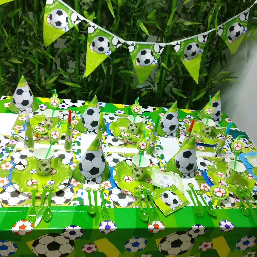 

Football Kids Birthday Party Decoration Set Supplies napkins caps Cup Plate Banner Hat Straw Loot Bag Fork Disposable Tableware