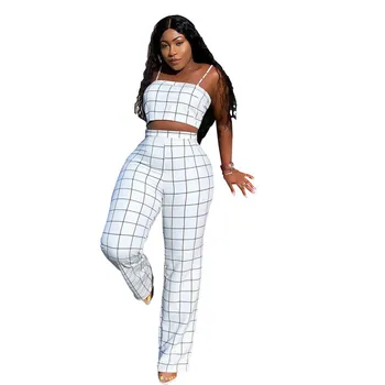 2019 Women Spaghetti Strap Plaid Two Piece Set Slash Neck Crop Top And Wide Leg Pants Sportswear White Outfits Casual Suit
2019 Women Spaghetti Strap Plaid Two Piece Set Slash Neck Crop Top And Wide Leg Pants Sportswear White Outfits Casual Suit