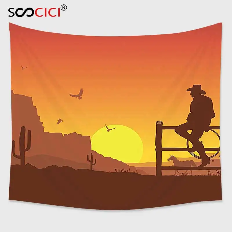 

Cutom Tapestry Wall Hanging,Western Decor Silhouette of Cowboy in Wild West Sunset Landscape American Culture Image Artsy Print