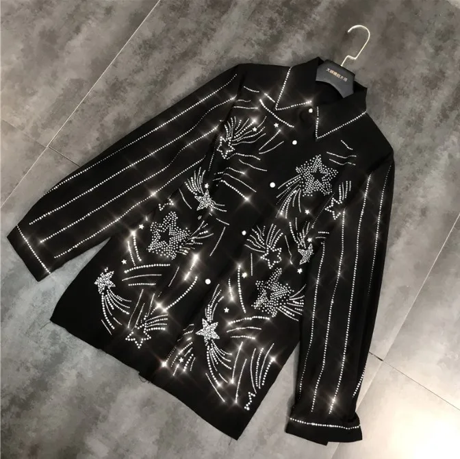 2019 New Spring Vertical Stripe Star Hot Drill Black Shirt Trendy Women Girl Long Sleeve Fashion Blouse Female Blusas Tops
2019 New Spring Vertical Stripe Star Hot Drill Black Shirt Trendy Women Girl Long Sleeve Fashion Blouse Female Blusas Tops