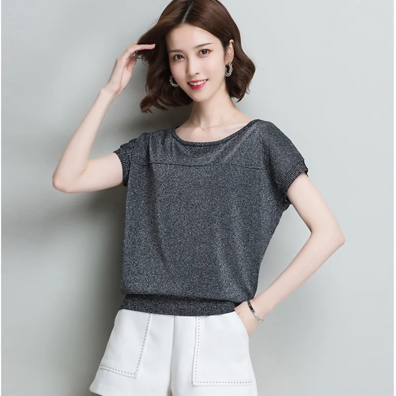 2019 Summer Women knitted Pullover Short Sleeve Shirt Loose Tshirt Lurex Breathable Bat Sleeve Black White Female Tops Spring
2019 Summer Women knitted Pullover Short Sleeve Shirt Loose Tshirt Lurex Breathable Bat Sleeve Black White Female Tops Spring