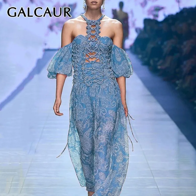 GALCAUR Vintage Off Shoulder Dress For Women Halter Lantern Sleeve High Waist Hollow Out Print Dresses Female Fashion 2019
GALCAUR Vintage Off Shoulder Dress For Women Halter Lantern Sleeve High Waist Hollow Out Print Dresses Female Fashion 2019