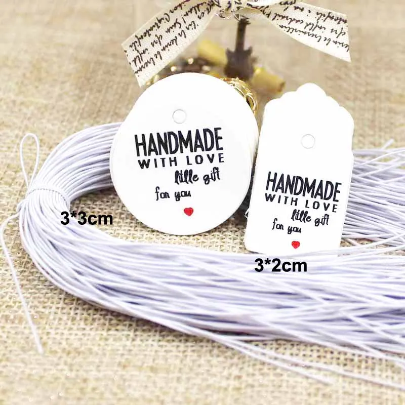 

3*3cm various kraft/white DIY handmade gift hang tags paper products price label tag 100pcs+100 elastic string per lot