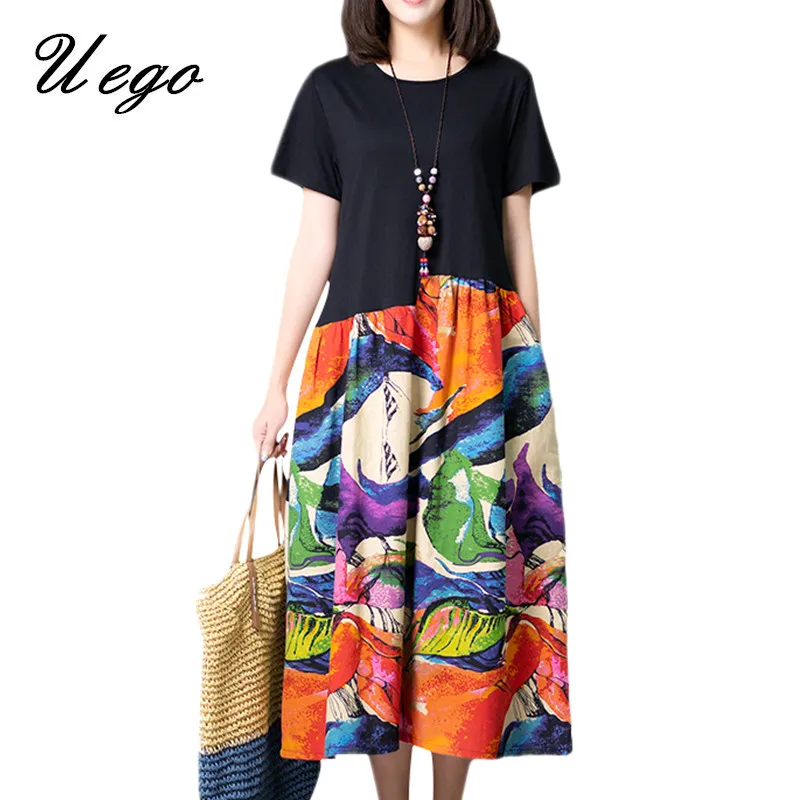 Uego Short Sleeve Loose Summer Dress Soft Cotton Linen Fashion Patchwork Print Pattern Vintage Dress Women Casual Midi Dress
Uego Short Sleeve Loose Summer Dress Soft Cotton Linen Fashion Patchwork Print Pattern Vintage Dress Women Casual Midi Dress