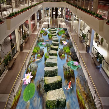 Custom Mural Wallpaper 3D Pond Lotus Stone Bridge Floor Tiles Sticker Living Room Mall Outdoors PVC Waterproof Papel De Parede