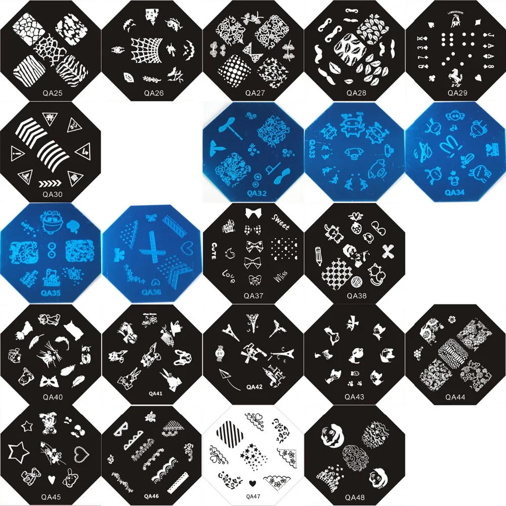 1PC QA25-48 Octagonal Shape Blue Film Nail Art Stamping Image Plate Stainless Stamping Plate Web Prints Bow Star Feather
1PC QA25-48 Octagonal Shape Blue Film Nail Art Stamping Image Plate Stainless Stamping Plate Web Prints Bow Star Feather