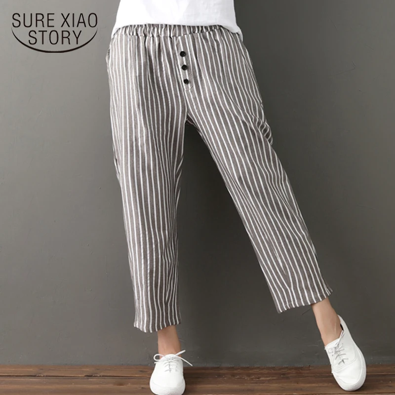 New 2018 Spring Summer Women Pants Casual Bottoms Female Haren Style Wide Leg Elastic Waist Button Cotton Linen Striped D769 30
New 2018 Spring Summer Women Pants Casual Bottoms Female Haren Style Wide Leg Elastic Waist Button Cotton Linen Striped D769 30