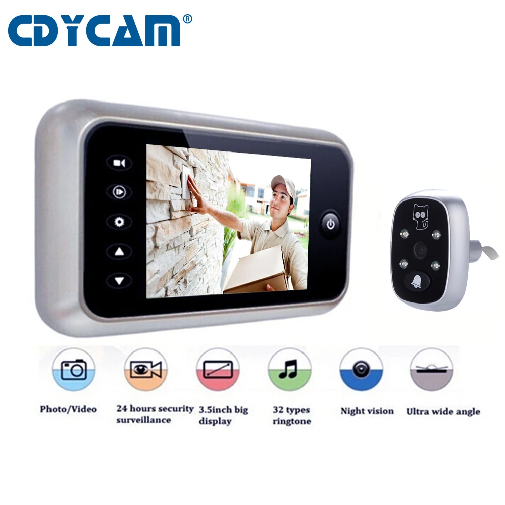 CDYCAM 3.5" LCD Color Screen Electronic Doorbell Viewer IR Night Peephole Camera Photo/Video Recording Digital Door Camera
CDYCAM 3.5" LCD Color Screen Electronic Doorbell Viewer IR Night Peephole Camera Photo/Video Recording Digital Door Camera
