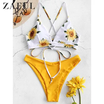 

ZAFUL Sunflower Criss Cross Bikini Set Women Print Swimsuits Two Pieces Swimwear Push Up Bikinis Spaghetti Straps Bathing Suit